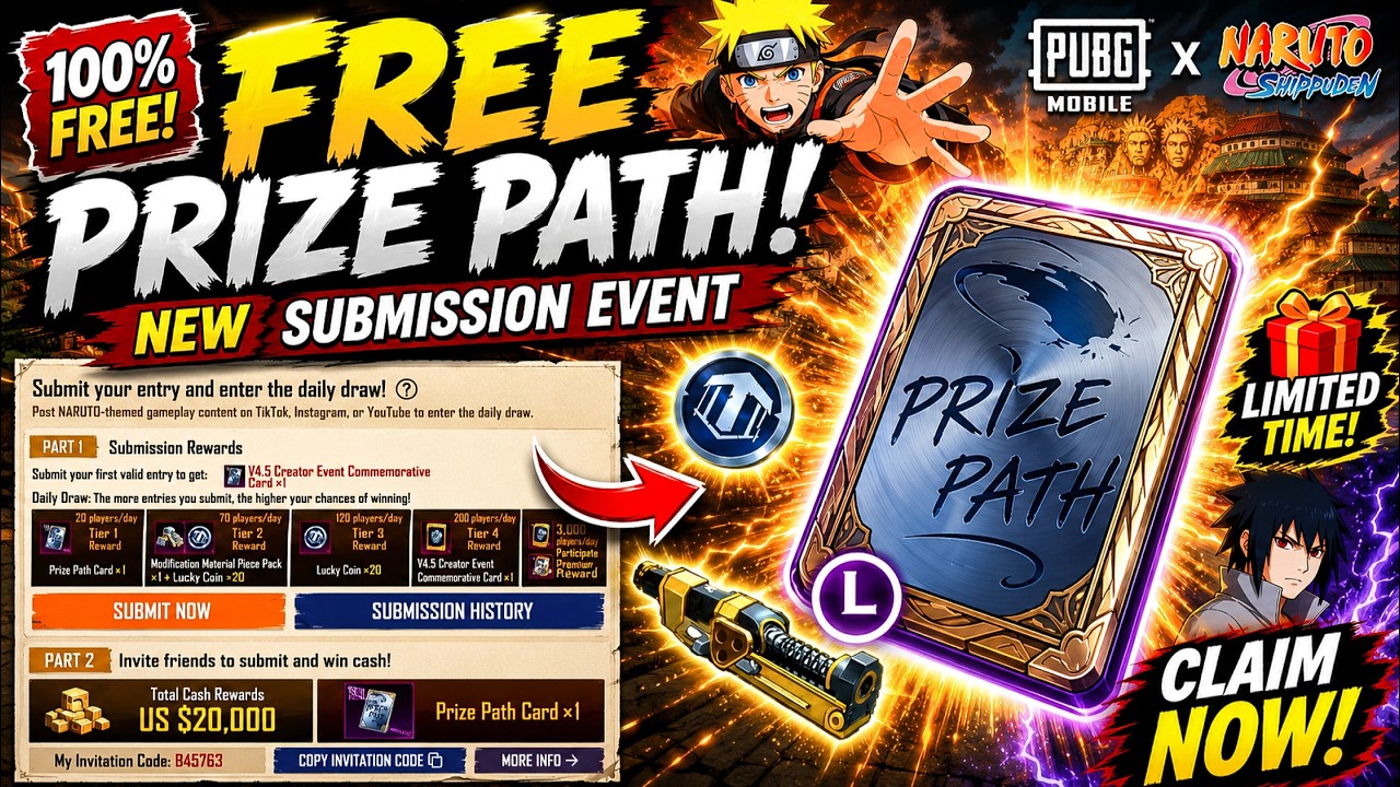 π± GET FREE NARUTO PRIZE PATH CARD & LUCKY COIN / SUBMISSION EVENT IN PUBG MOBILE background