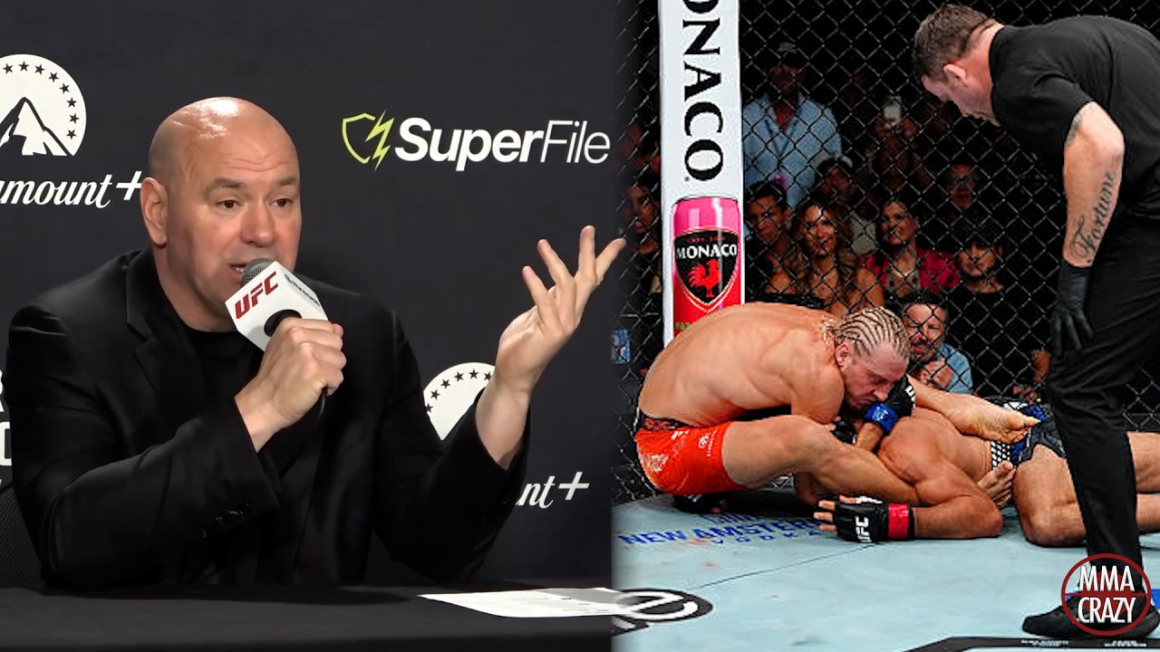 Dana White reacts to Paddy Pimblett CHOKING OUT Benoit Saint Denis at UFC 329 backdrop