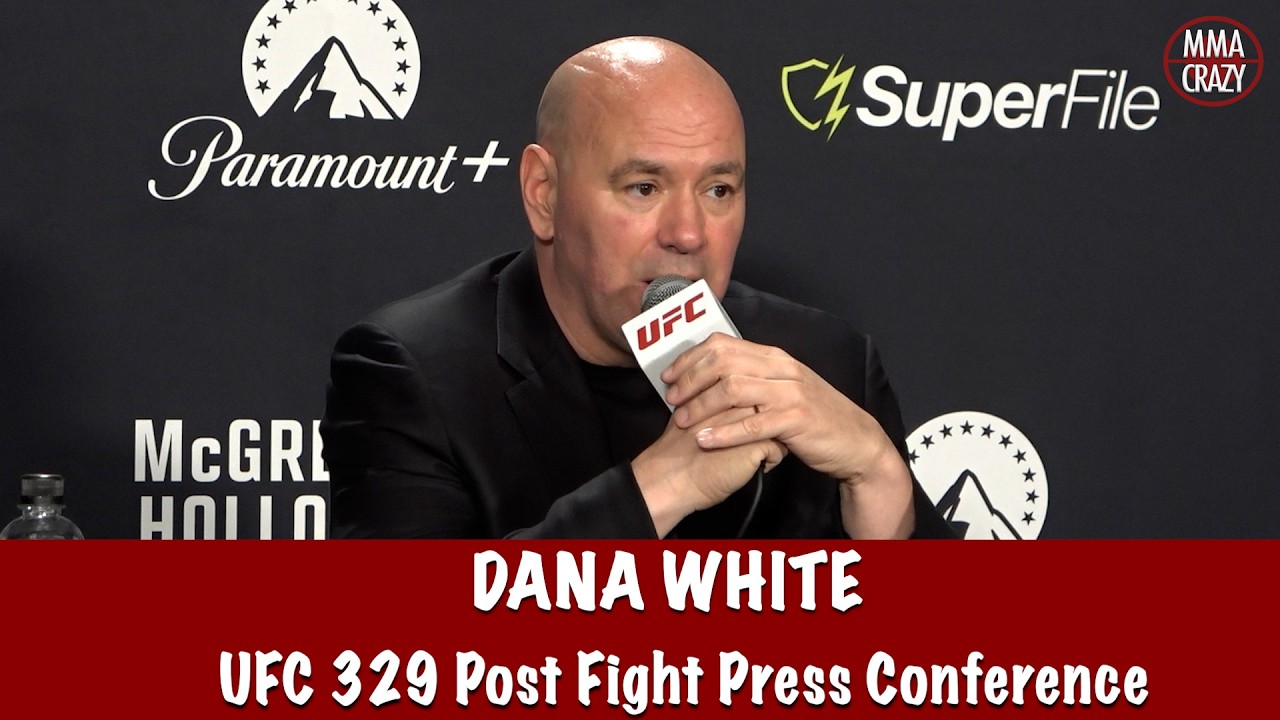Dana White reacts to Conor McGregor’s LOSS to Max Holloway at UFC 329 background
