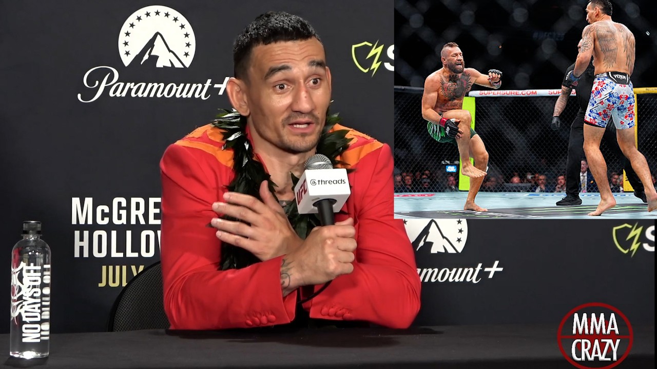 Max Holloway immediate Reaction to Conor McGregor Knee injury at UFC 329 background