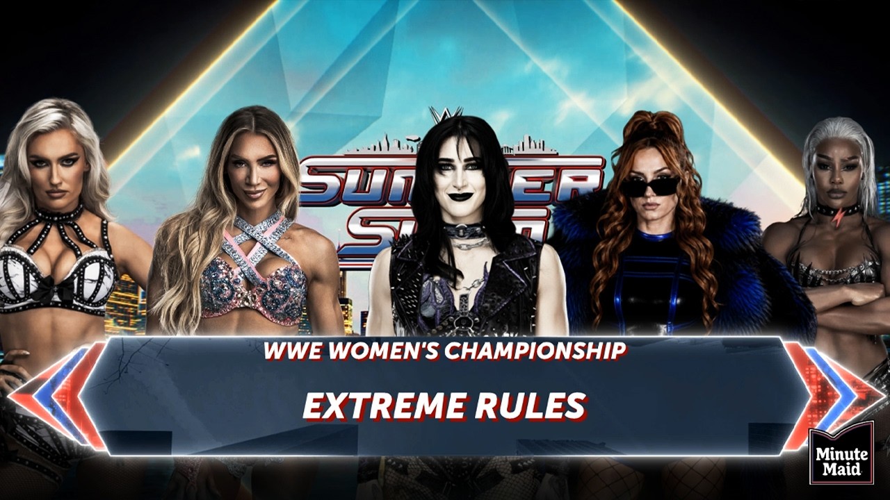 Rhea Ripley vs Becky Lynch vs Charlotte Flair vs Jade Cargill vs Blake Monroe | WWE Title background