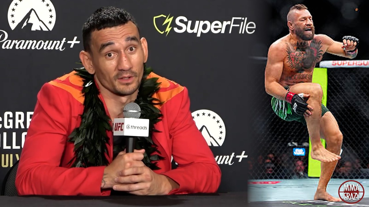 Max Holloway reacts to Conor McGregor pre-existing injury rumours going into their fight at UFC 329 backdrop