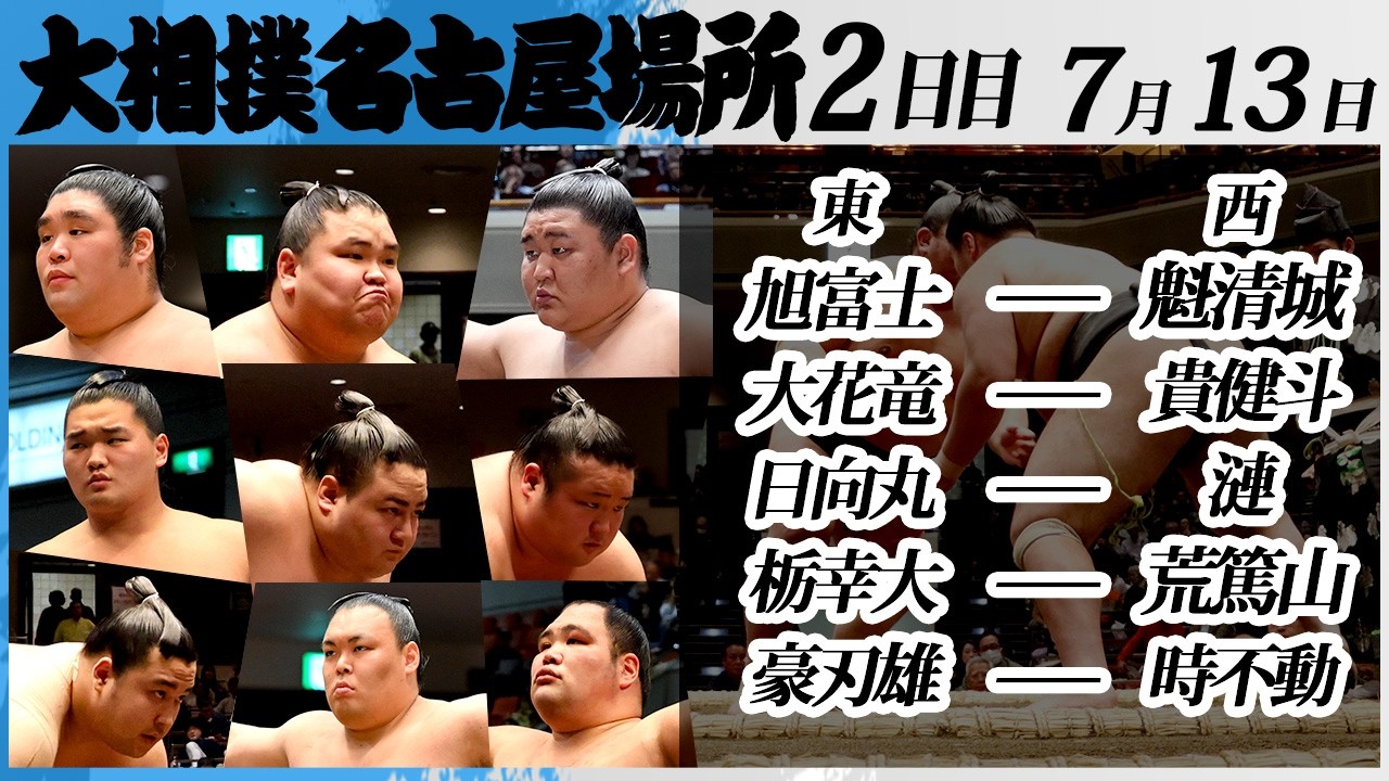 大相撲 幕下上位五番<令和8年七月場所・2日目>SUMO 旭富士ー魁清城,大花竜ー貴健斗,日向丸ー漣,栃幸大ー荒篤山,豪刃雄ー時不動 background