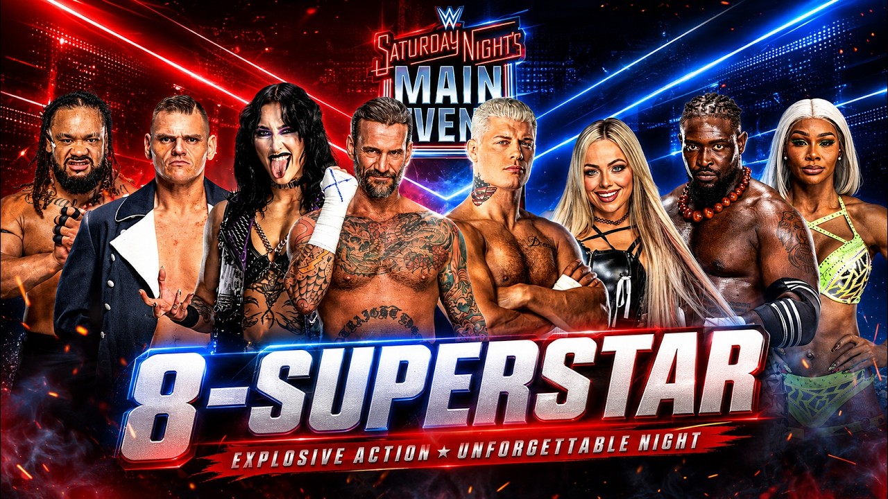 Cody vs Rhea vs Punk vs Liv vs Oba vs Jacob vs Jade vs Gunther - WWE 2K Saturday Night's Main Event background