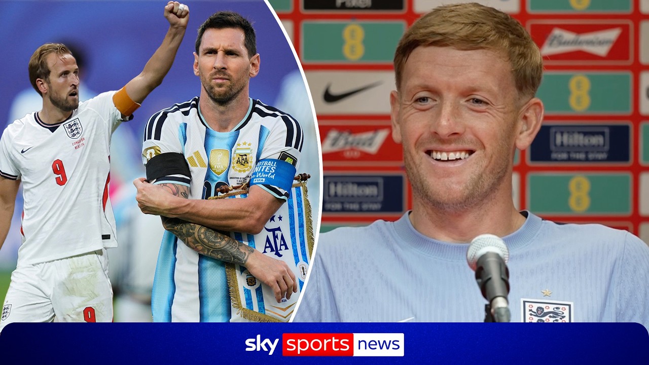 Jordan Pickford's full presser ahead of England's mammoth World Cup semi-final with Argentina background