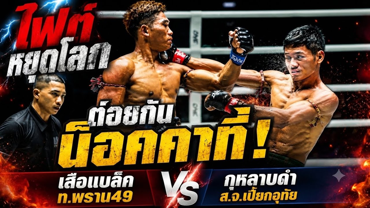 ไฟต์หยุดโลก ต่อยกันน็อคคาที่ เสือแบล็ค ท.พราน49 vs กุหลาบดํา ส.จ.เปี๊ยกอุทัย 2026-07-14 18:36 background