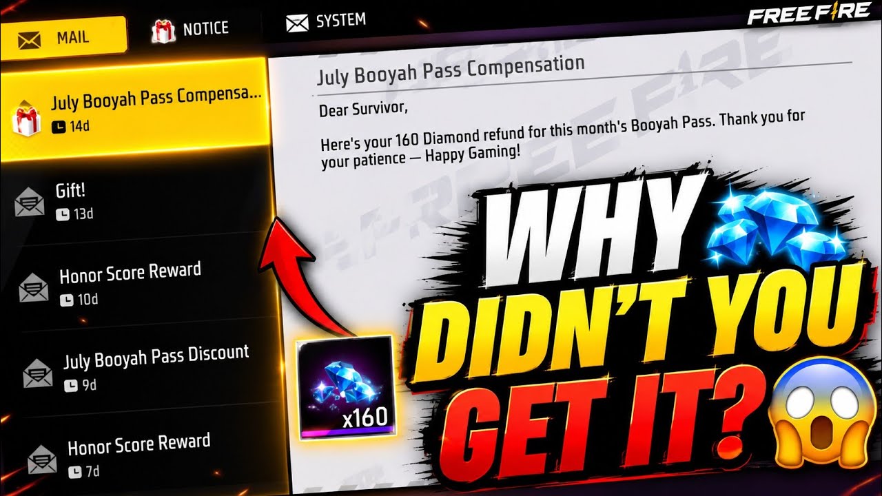 Free Fire July Booyah Pass Compensation | 160 Diamond Refund Truth background