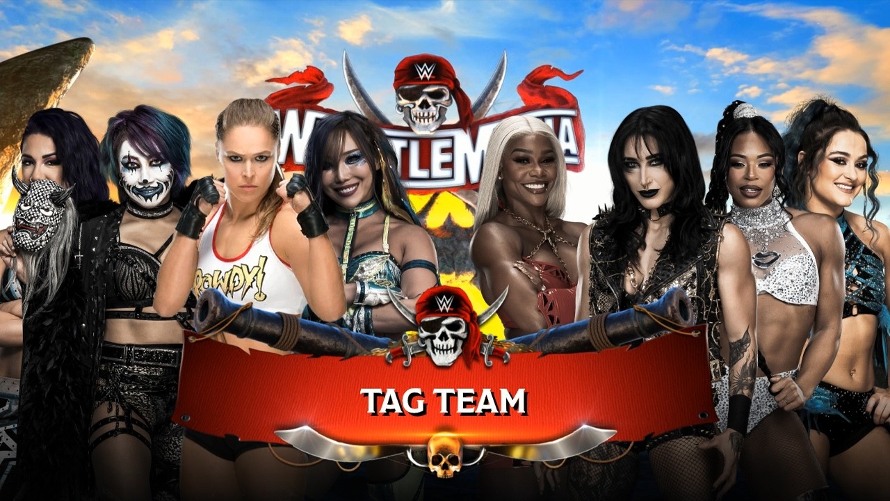 Ronda Rousey, Asuka, Kairi Sane & Bayley vs Rhea Ripley, Bianca Belair, Jade Cargill Lyra | WWE 2K26 background
