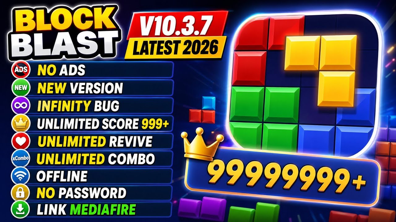đ„ BLOCK BLAST MOD APK v10.3.7 Latest 2026 đ± No Ads - Unlimited Score - No Password background