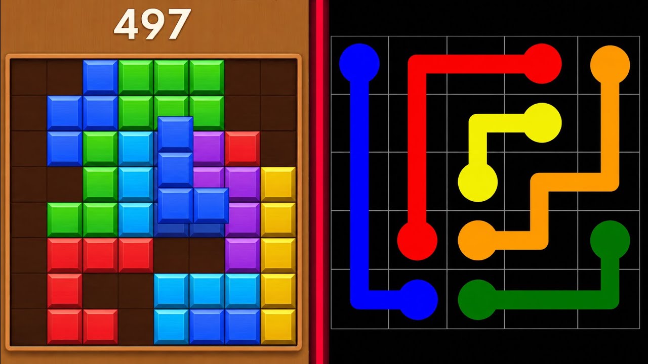 Block Blast Puzzle 🧩 VS Flow Free Puzzle 🔴🟢🔵🟡 All Levels Satisfying Gameplay 🎮🔥 background