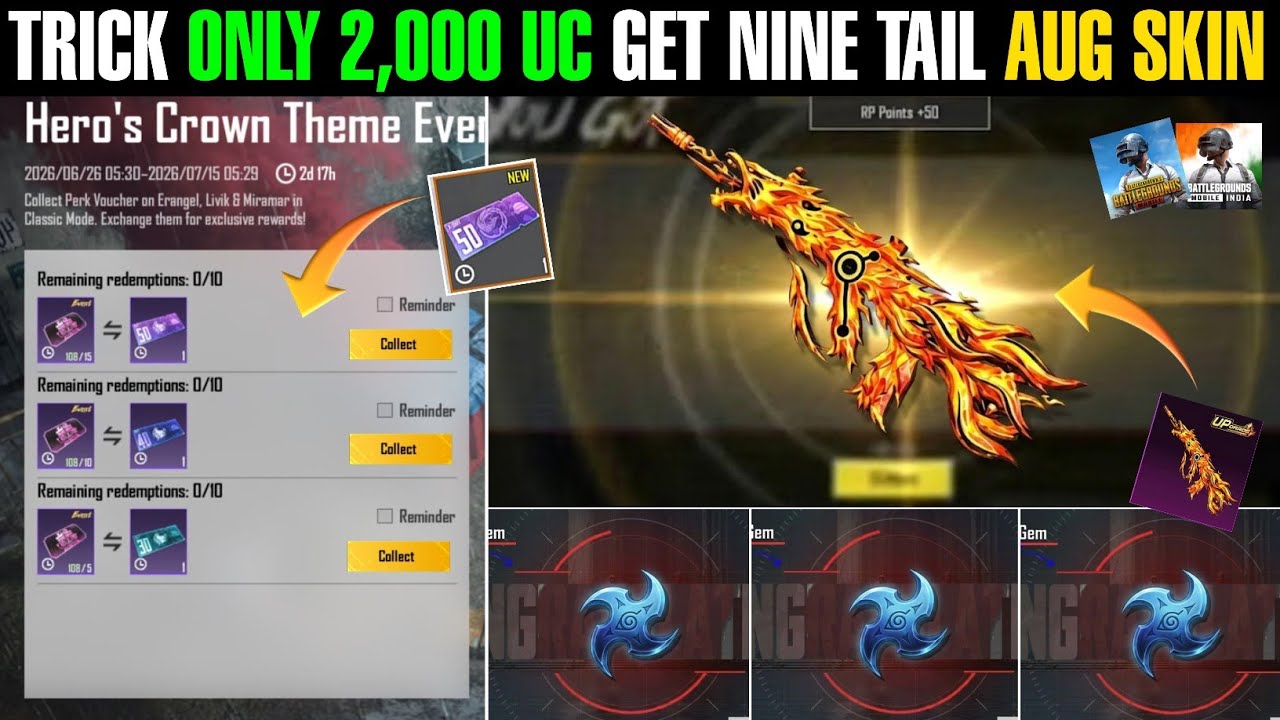 Trick Only 2,000 Uc Get Nine Tail Fury AUG Skin In Bgmi | Bgmi Naruto Ultimate Spin background