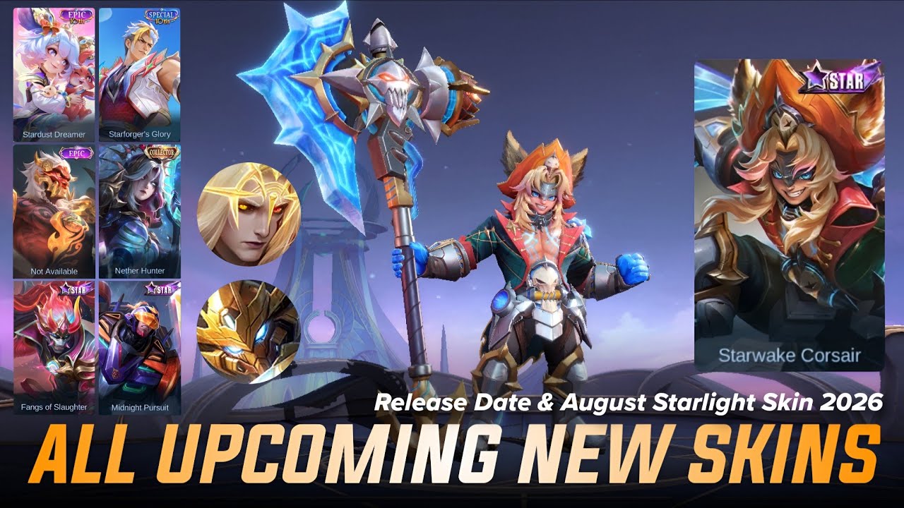 ALL UPCOMING SKIN MOBILE LEGENDS - RELEASE DATE & AUGUST STARLIGHT SKIN 2026 | ML LEAKS background