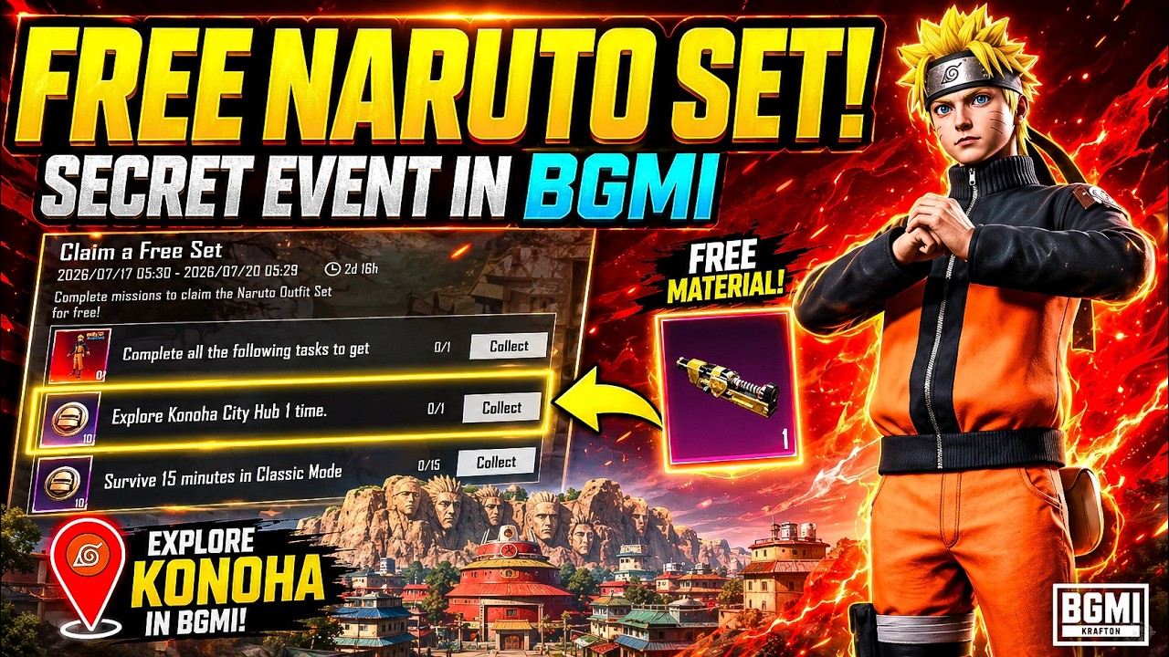 😱 CLAIM A FREE SET EVENT BGMI / EXPLORE KONOHA CITY HUB 1 TIME / INVITATION EVENT BGMI background