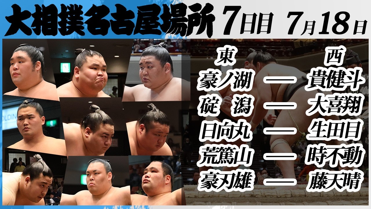 大相撲 幕下上位五番<令和8年七月場所・7日目>SUMO豪ノ湖ー貴健斗,碇潟ー大喜翔,日向丸ー生田目,荒篤山ー時不動,豪刃雄ー藤天晴 background