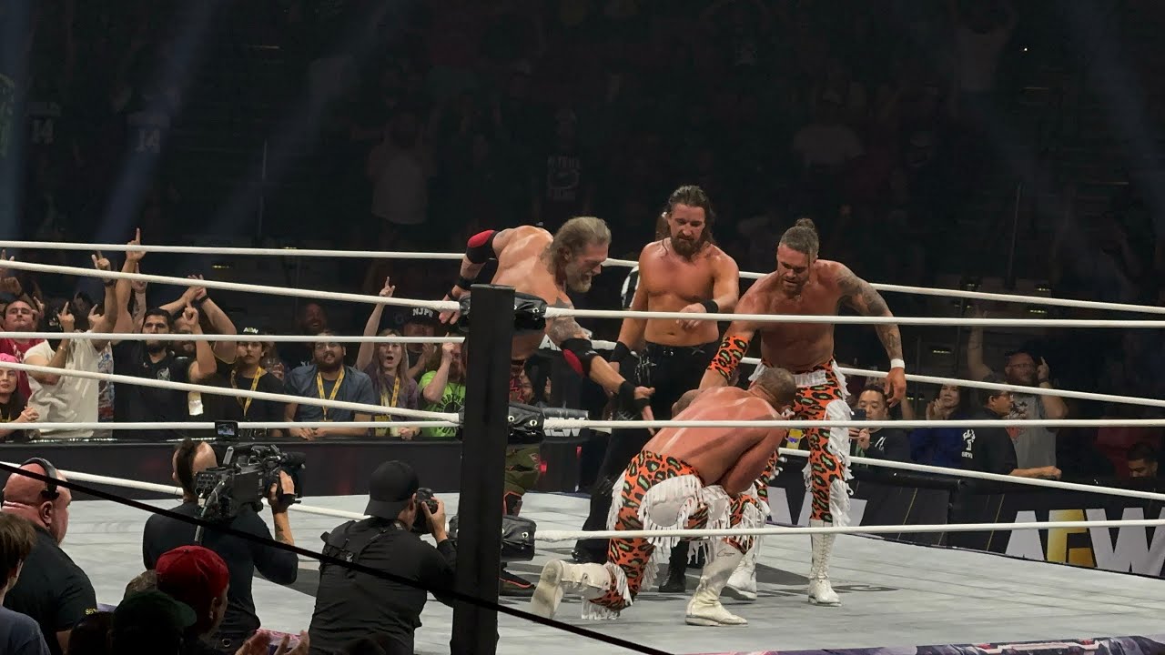 AEW Collision Adam Copeland & Bang Bang Gang vs STP full match And The Death Riders Attack backdrop