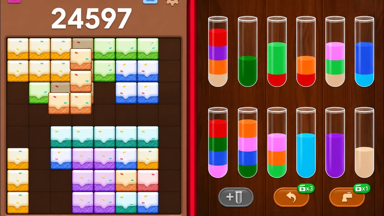Block Blast Puzzle 🧩 VS Sort Em All Puzzle 🧪✨ All Levels Satisfying Gameplay 🎮🔥 background