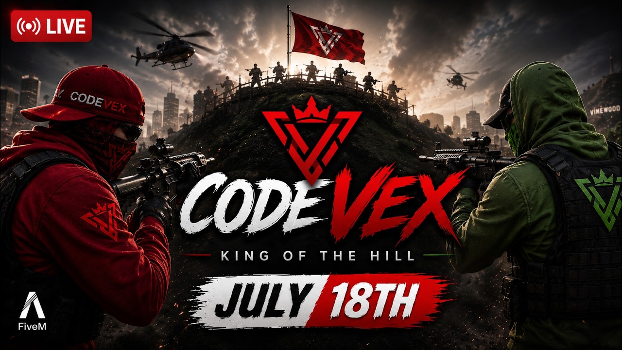 LIVE | CodeVex Server Beta Launch | King of the Hill FiveM PvP backdrop