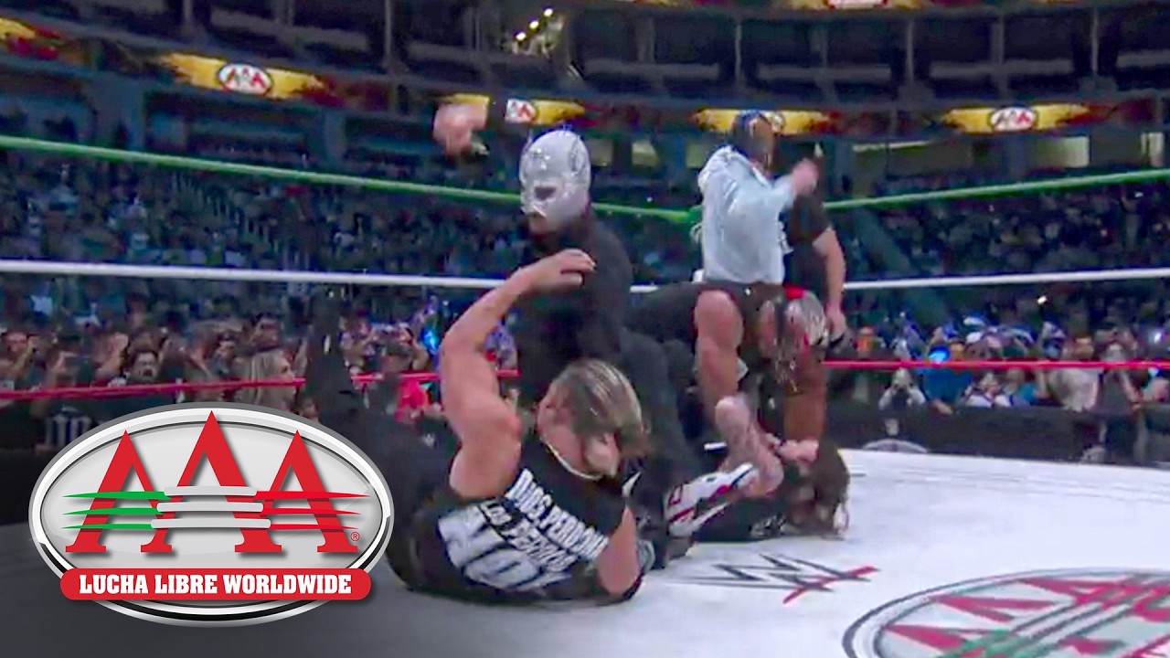 Perros del Mal brawl with Dominik Mysterio and El Grande Americano: Lucha Libre AAA highlights background