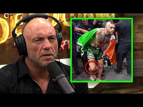 "TIME TO RETIRE!" Joe Rogan FIRST WORDS On Conor McGregor's Leg Injury vs Max Holloway UFC 329 background