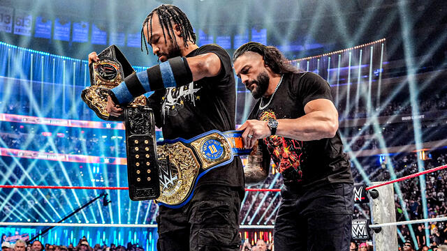 Roman Reigns presents Jalen Brunson with a custom title: Saturday Night's Main Event highlights background