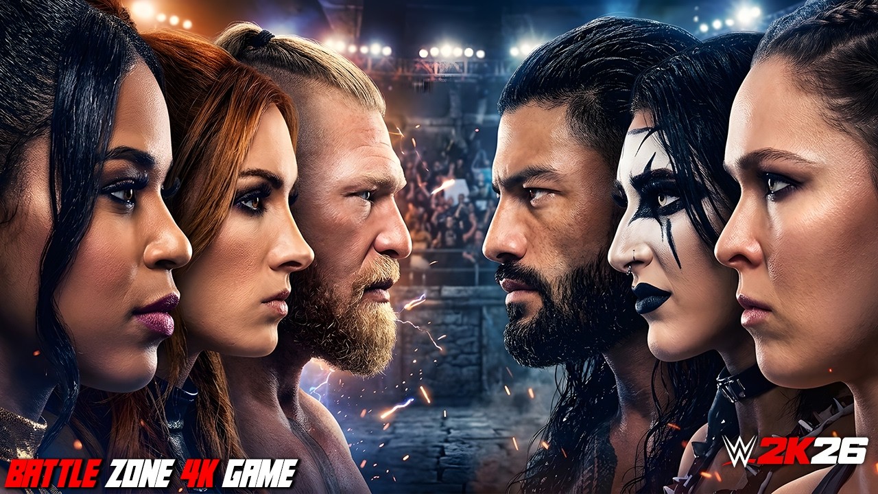 Roman Reigns, Rhea Ripley & Ronda Rousey vs Brock Lesnar, Becky Lynch & Bianca Belair background