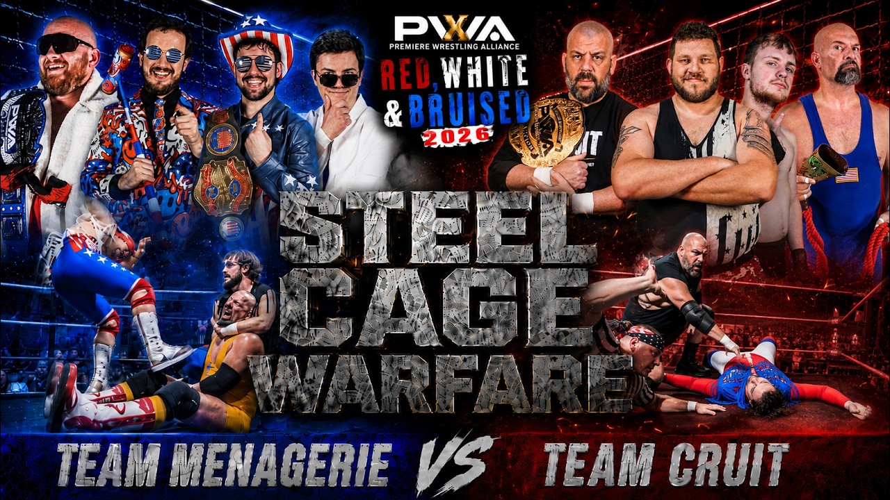 STEEL CAGE WARFARE: Team Menagerie vs Team Cruit | PWA Red, White & Bruised 2026 background