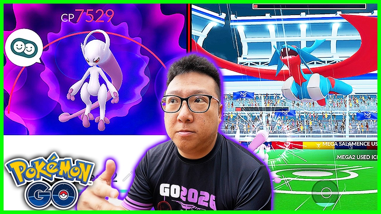 Using CP 7529 Mega Mewtwo to Solo Mega Salamence in Pokemon GO background