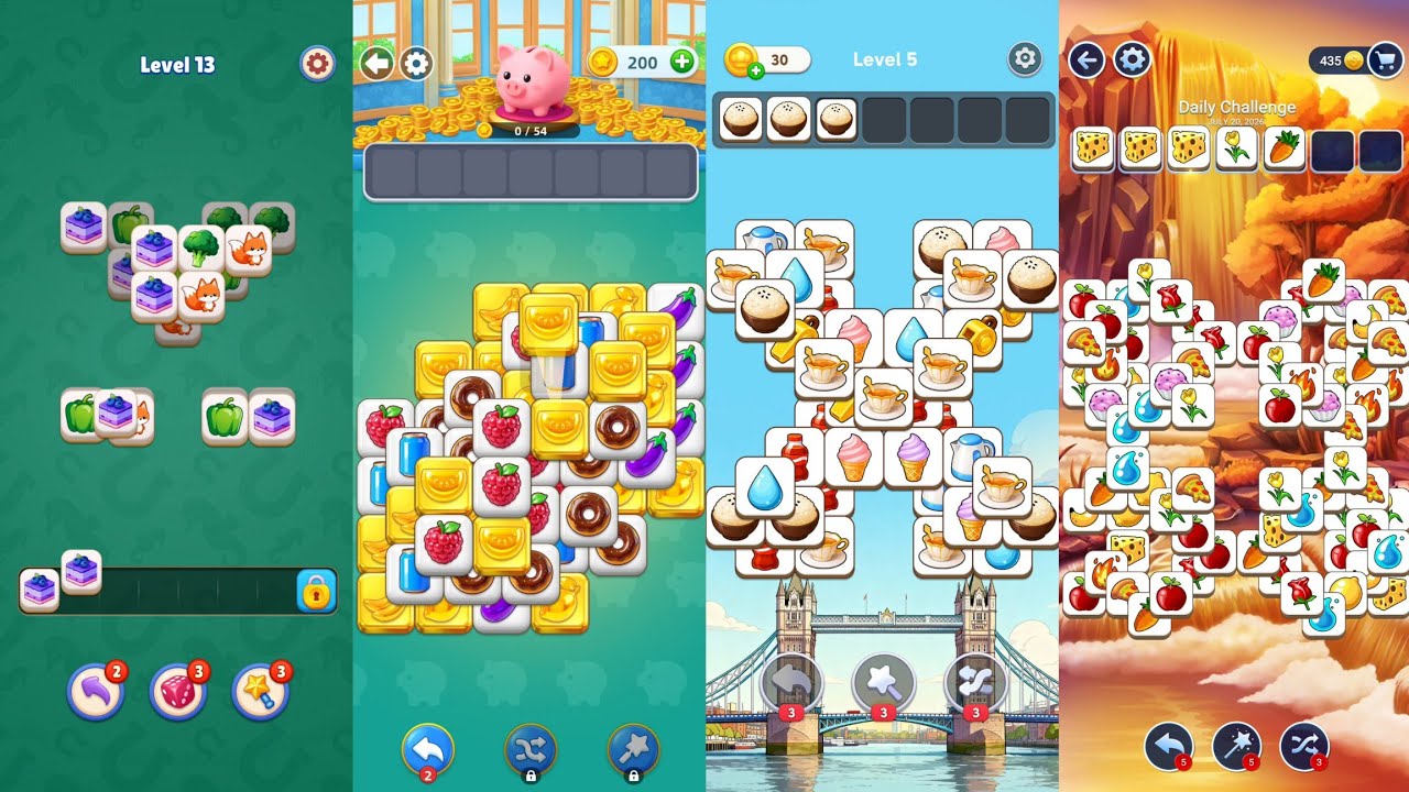 Tile Club vs Tile Explorer vs Tiledom vs Tile Match Rescue - Gameplay backdrop