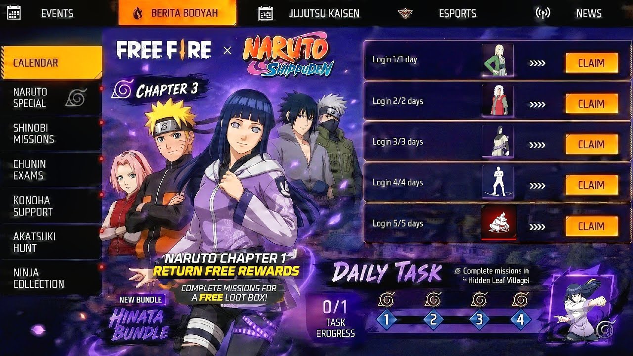 Naruto Chapter 1 Return Free Rewards💥🤯 | jiraiya + hinata bundle free | free fire new event background