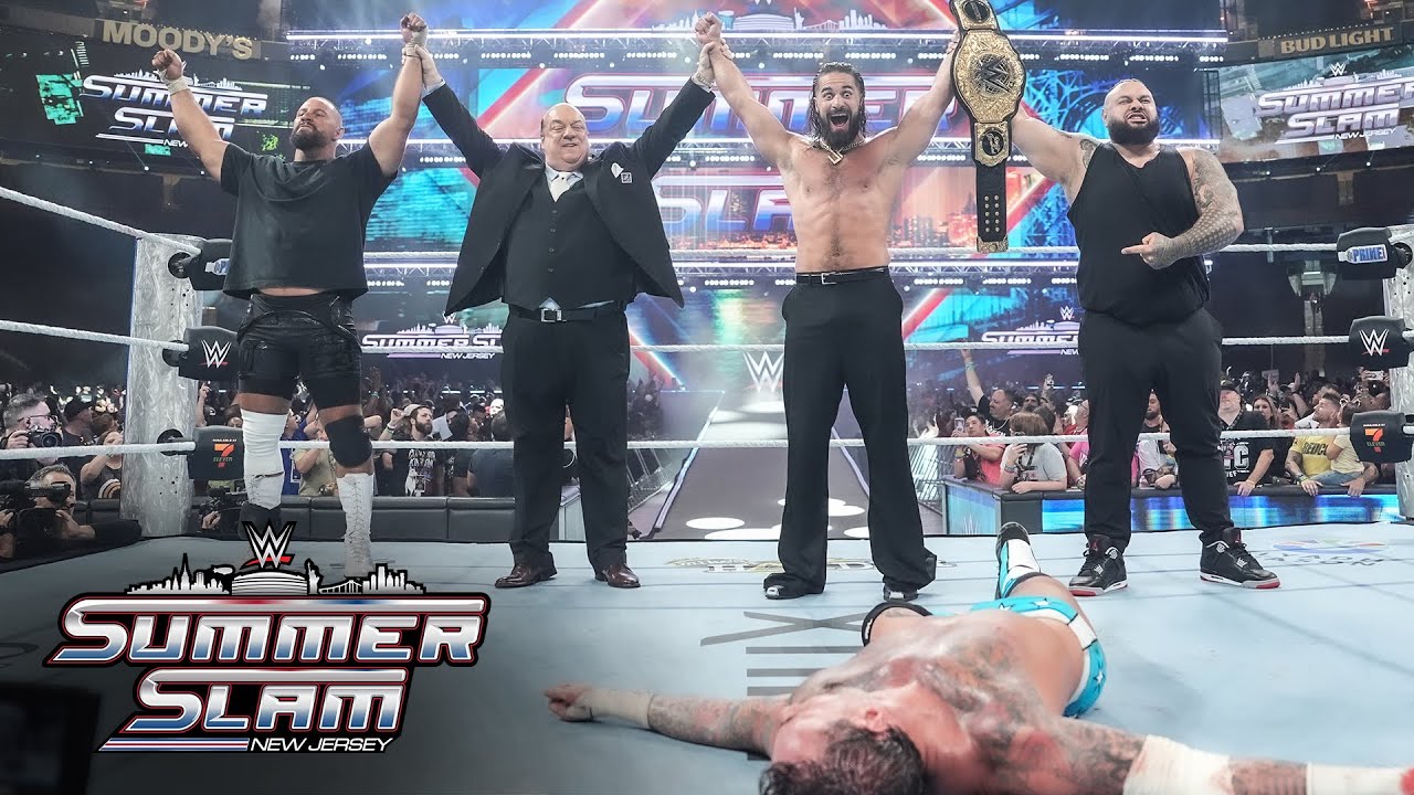 BREAKING: Seth Rollins celebrates after cashing in on CM Punk: SummerSlam 2025 highlights background