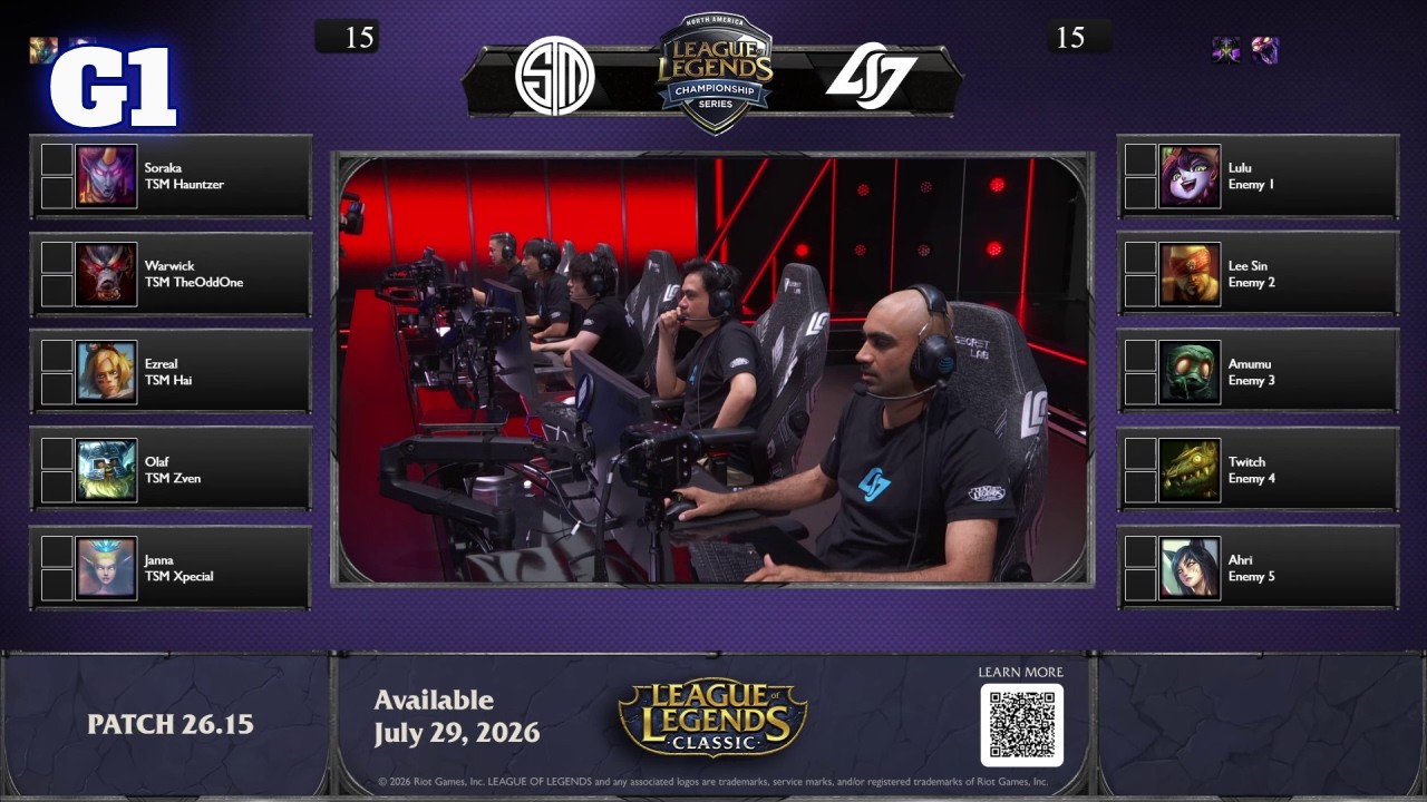 TSM vs CLG - Game 1 | League Classic LCS Show Match 2026 | Team Solomid vs Counter Logic Gaming backdrop