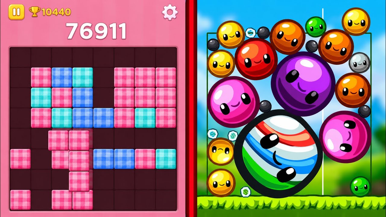 Block Blast Puzzle ЁЯзй VS Gem Fusion Watermelon Game Satisfying Gameplay (Android/iOS) backdrop