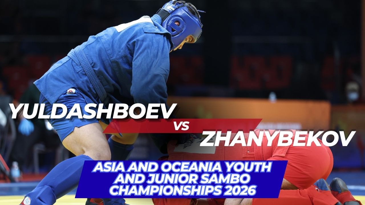 YULDASHBOEV (UZB) vs ZHANYBEKOV (KGZ) - Asia and Oceania Youth and Junior SAMBO Championships 2026 backdrop