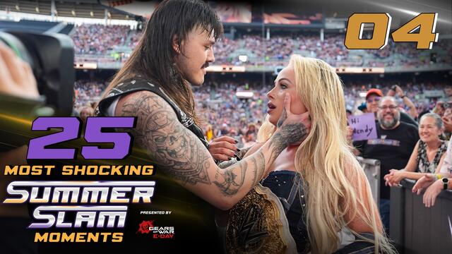 Dominik Mysterio kisses Liv Morgan, betrays Rhea Ripley: 25 Most Shocking SummerSlam Moments background