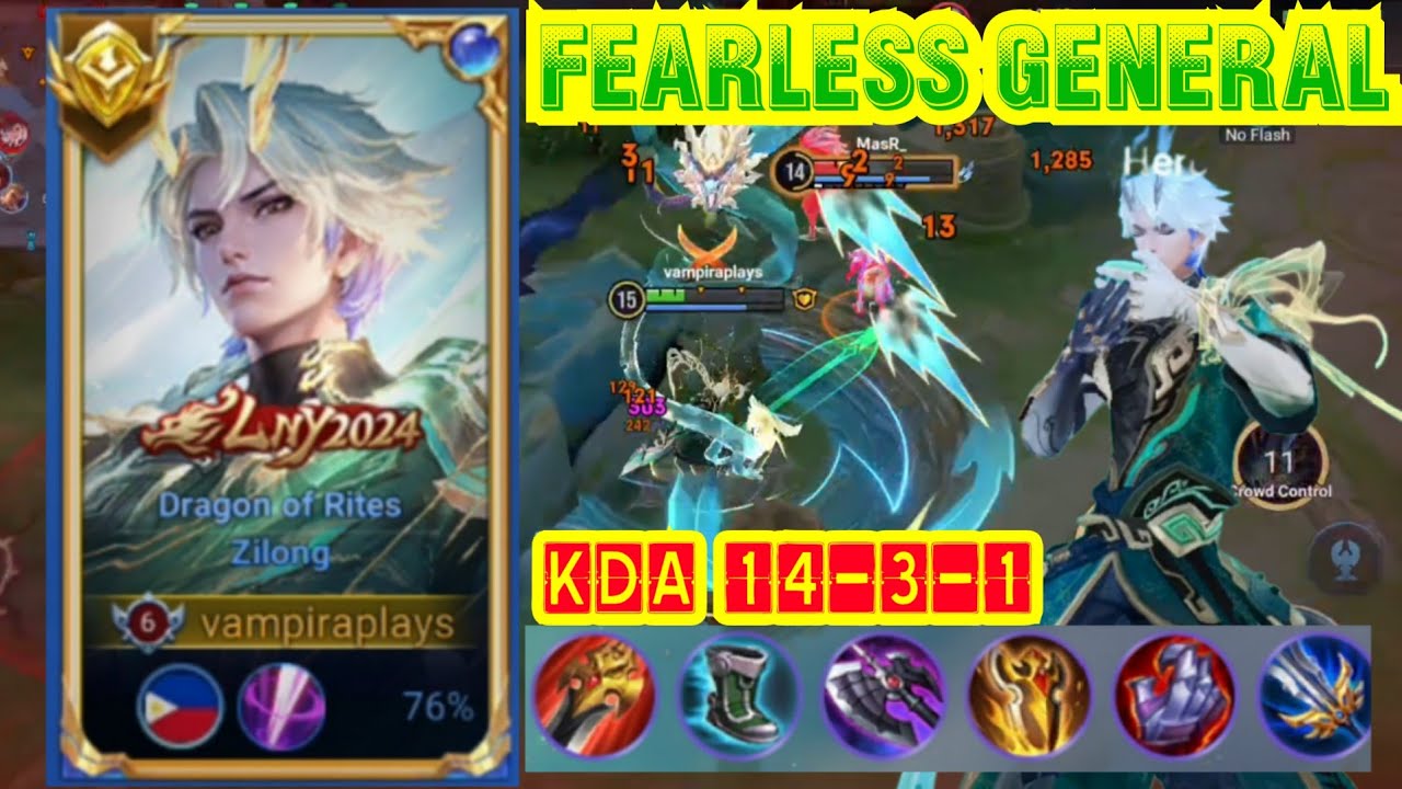HOK ZILONG THE FEARLESS GENERAL DRAGON SLAYER NEW REVAMPED MONTAGE KDA 14-3-1