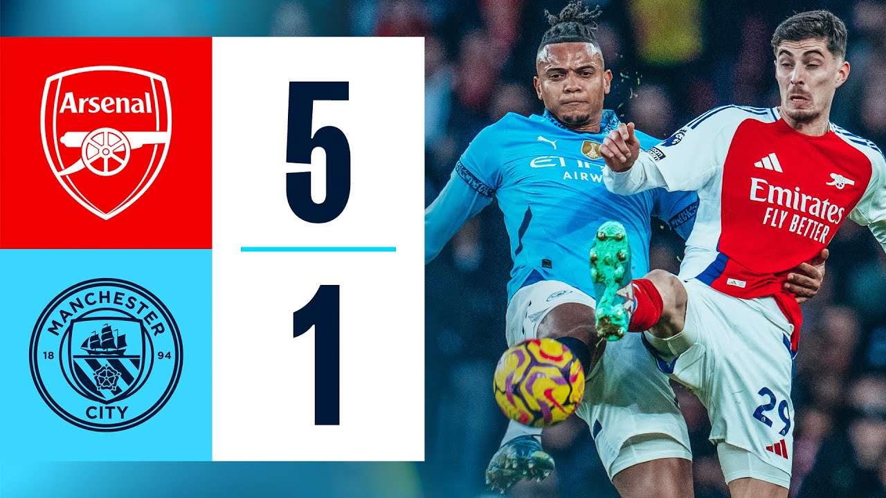 HIGHLIGHTS | Arsenal 5-1 Man City | Odegaard, Haaland, Partey, Lewis-Skelly, Havertz, Nwaneri Goals background