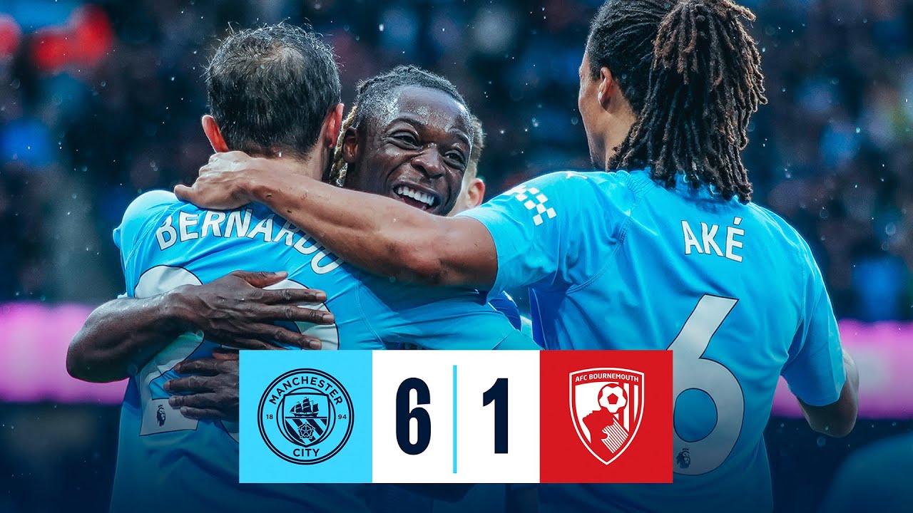 HIGHLIGHTS! DOKU DAZZLES AS CITY HIT SIX & MOVE TOP OF THE PREMIER LEAGUE | Man City 6-1 Bournemouth background