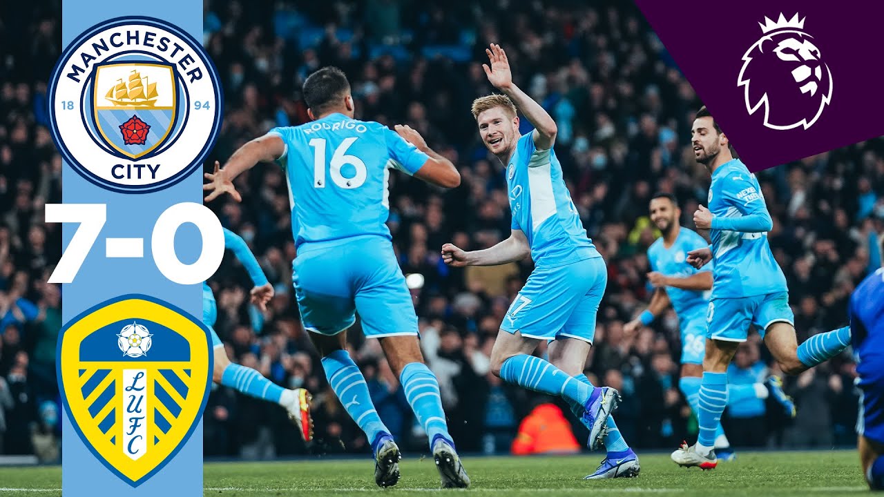 HIGHLIGHTS | Man City 7-0 Leeds | Foden, Grealish, De Bruyne x2, Mahrez, Stones & Ake Goals background