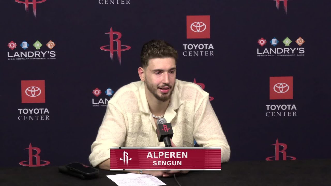 Alperen Sengun with a Press Conference vs Magic background