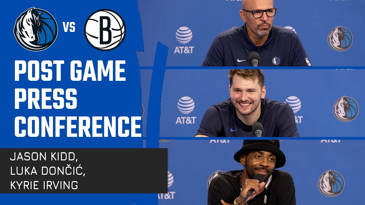 Jason Kidd, Luka Dončić, & Kyrie Irving | Post Game Press Conference | 10/27/23 background