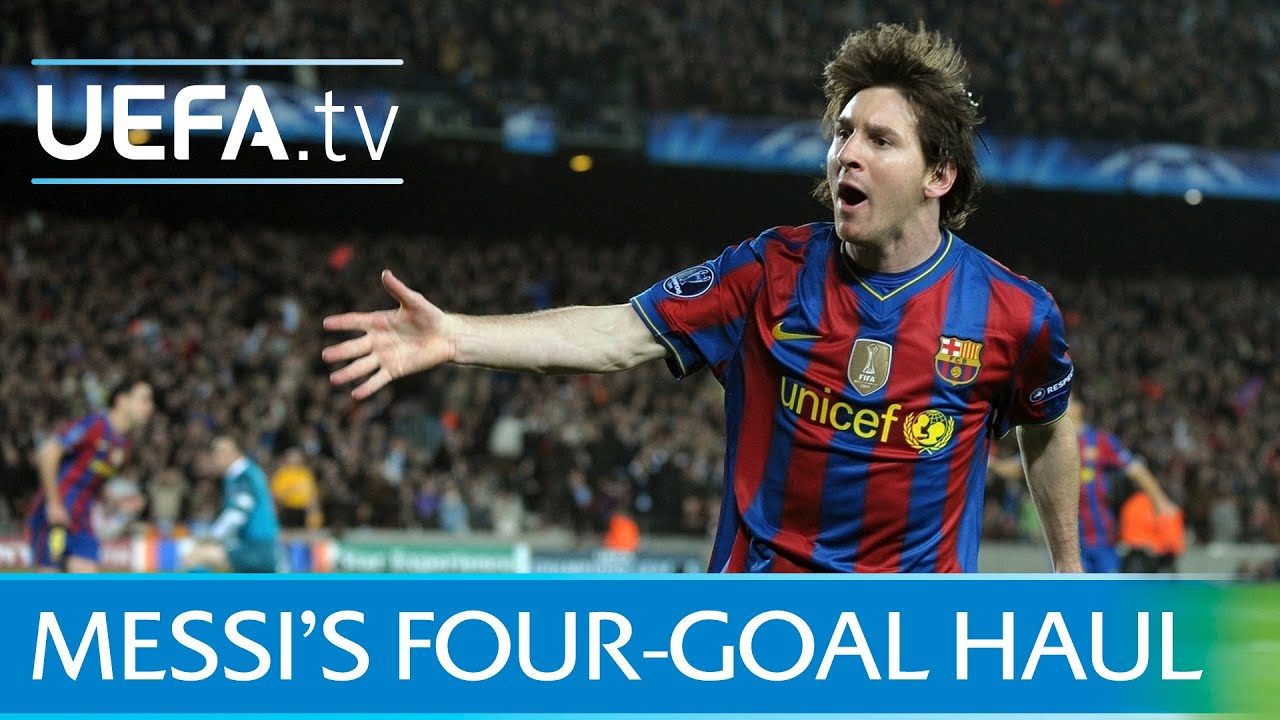 Messi scores four goals - Barcelona v Arsenal in 2010 background