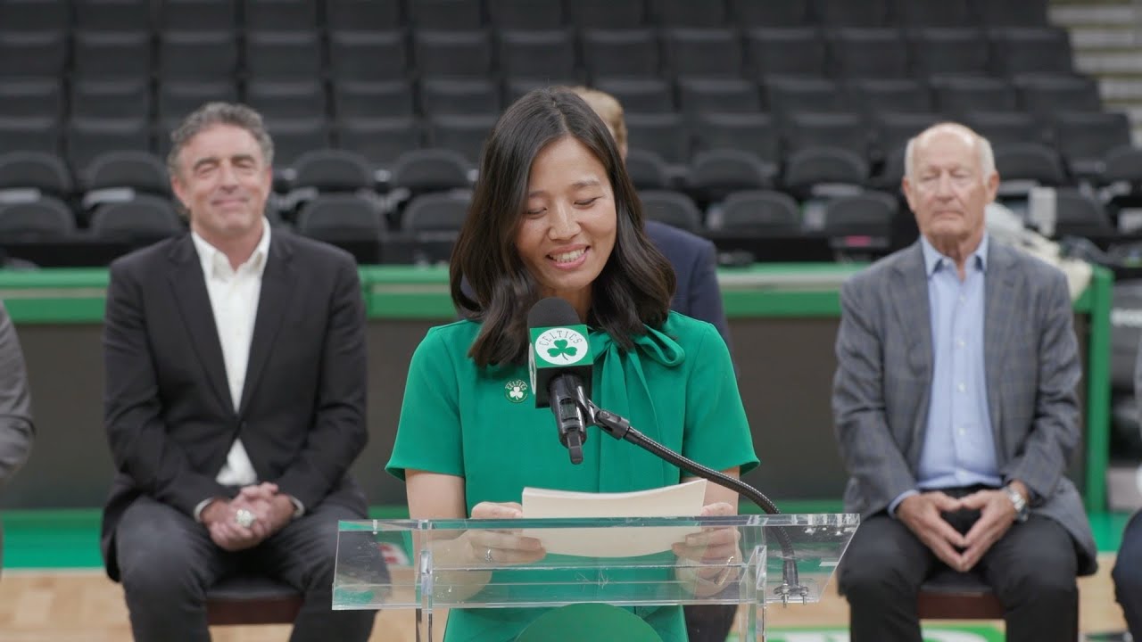 Michelle Wu, Maura Healey and Cedric Maxwell lead City of Boston press conference at TD Garden background
