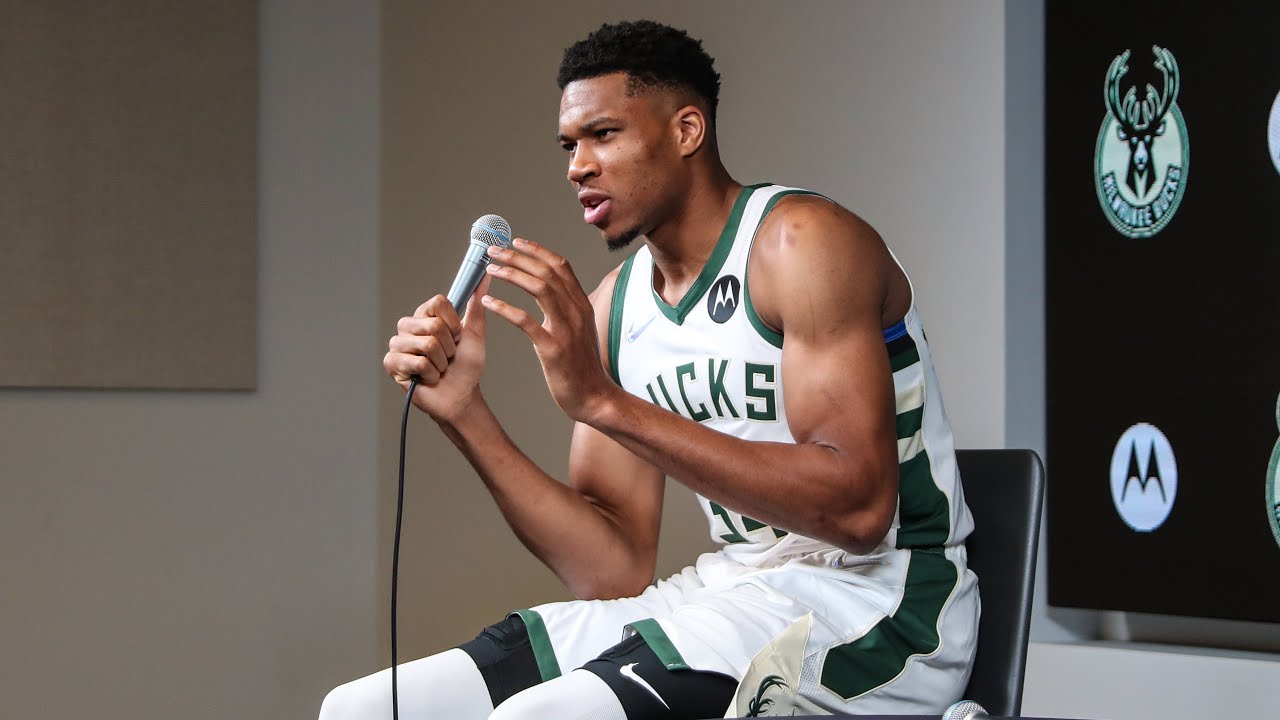 "I'm not even close to being satisfied." Giannis Antetokounmpo NBA Media Day 2021 background