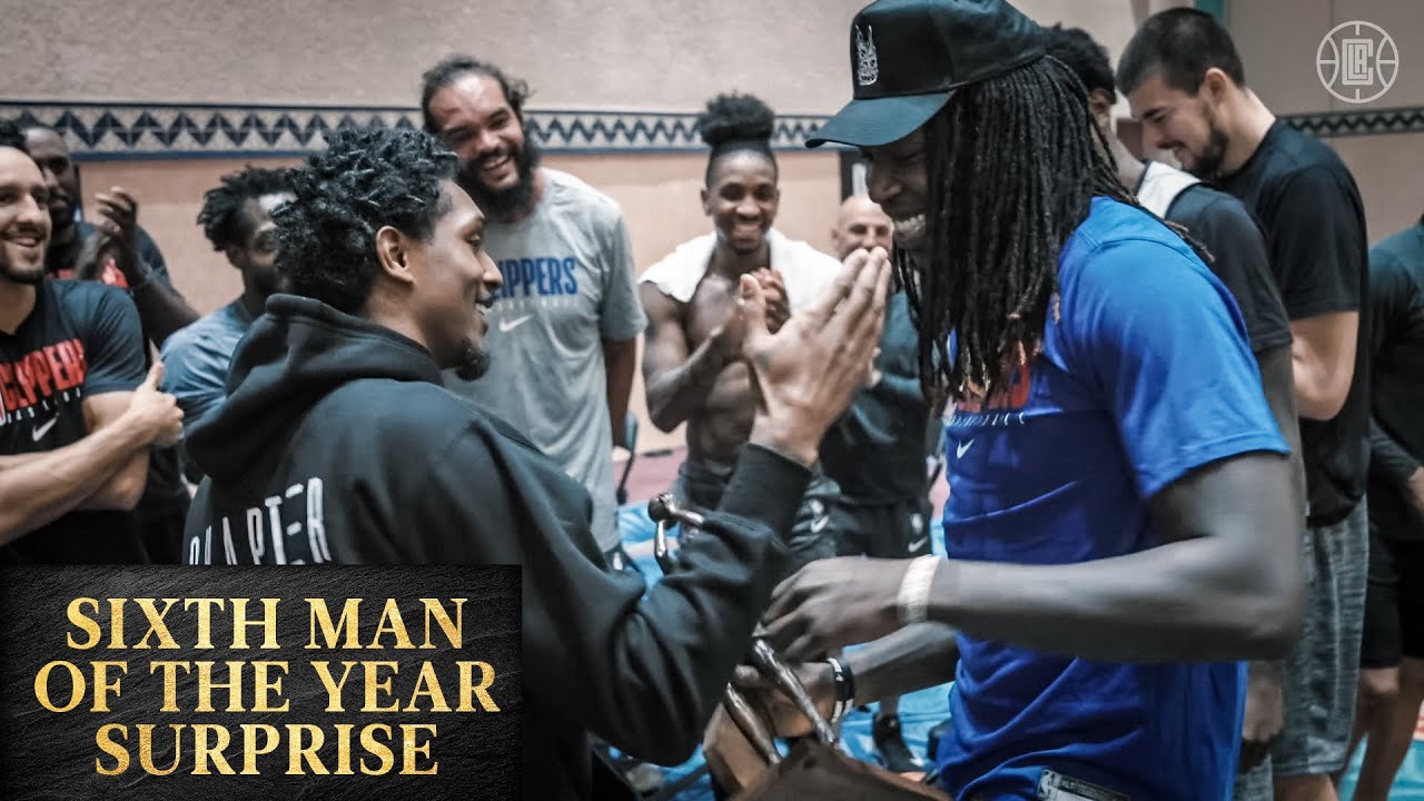 The Team Surprises Montrezl Harrell with the Sixth Man of the Year Trophy | LA Clippers background