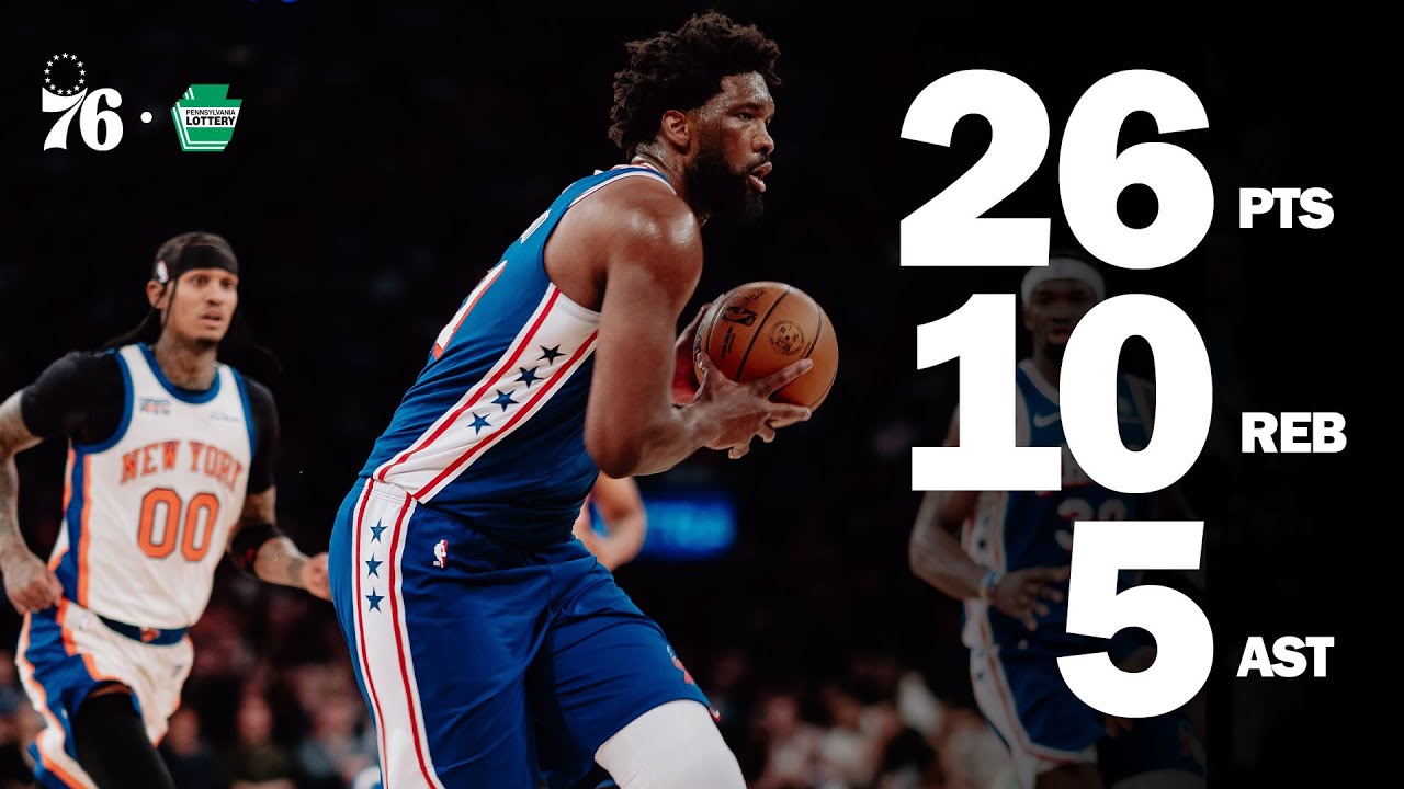 Joel Embiid Notches Double-Double in New York background