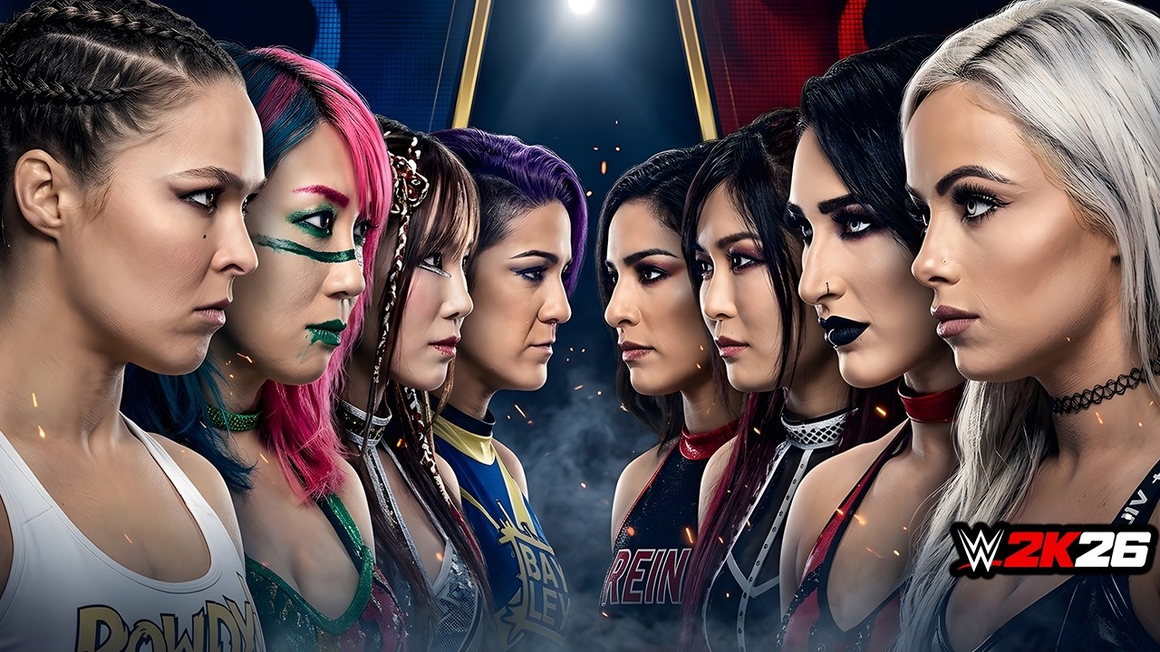 INSANE 8-Woman War! Ronda Rousey, Asuka, Kairi Sane & Bayley vs Liv Morgan, Rhea Ripley, IYO Raquel background
