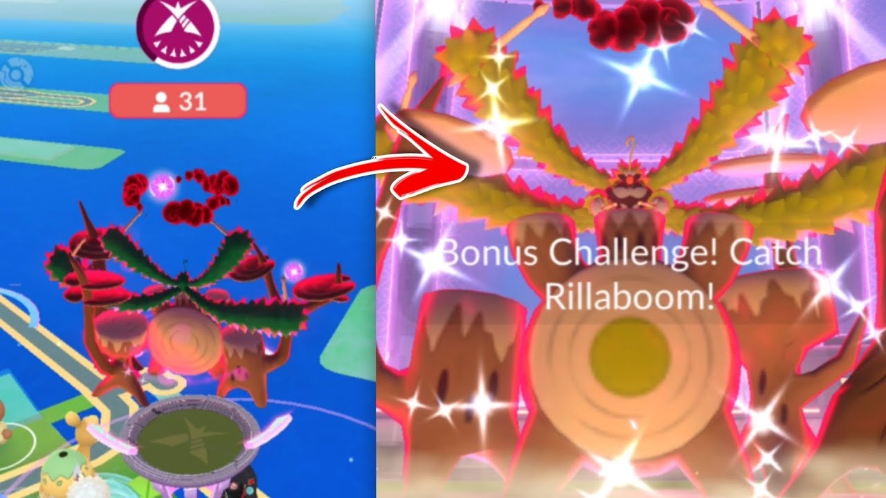 Shiny Gigantamax Rillaboom raid (max Battle l) in Pokemon GO.