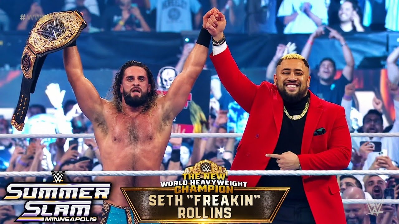 Seth Rollins Wins World Heavyweight Championship WWE Summerslam 2026 Highlights Roman Reigns Lose background