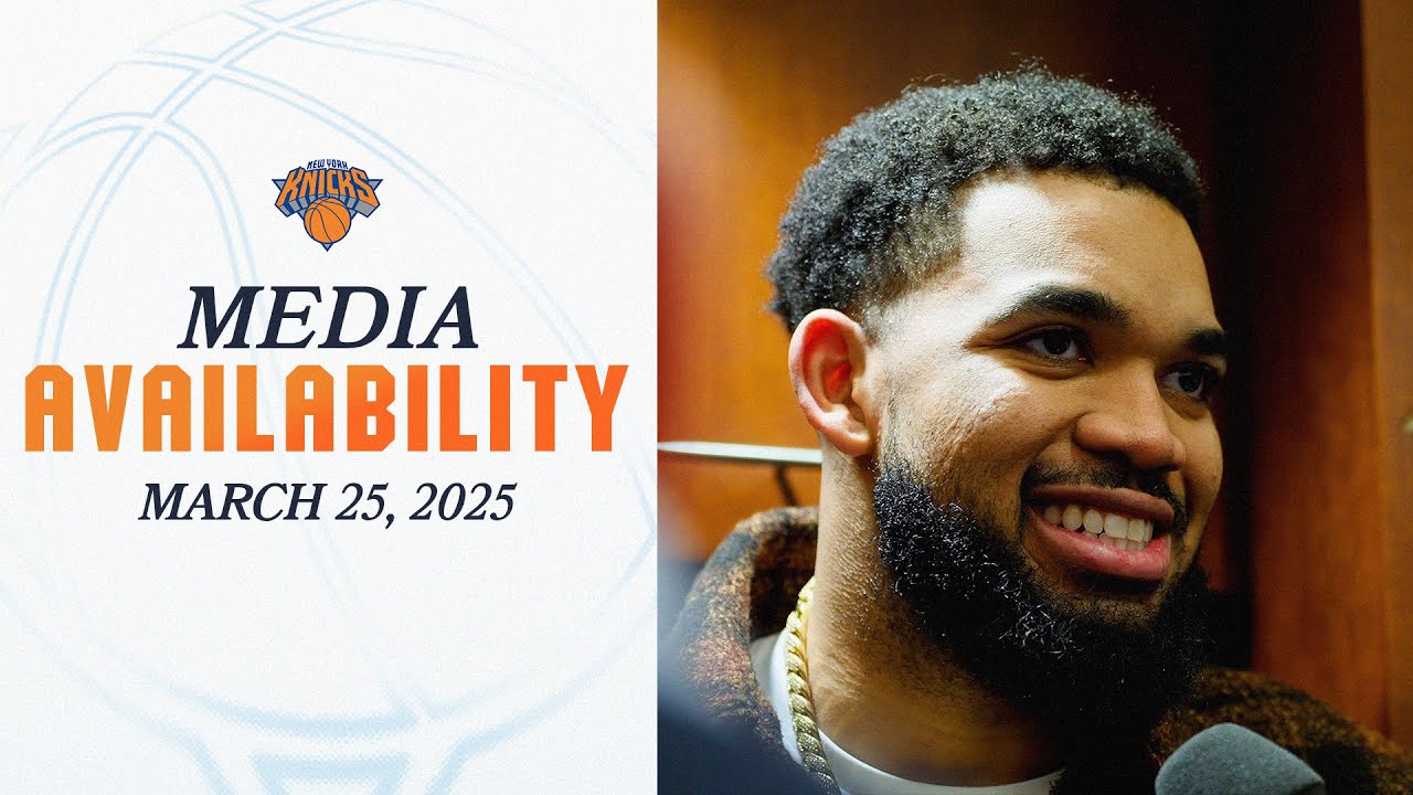 Karl-Anthony Towns, Kevin McCullar Jr. and Head Coach Tom Thibodeau post game media | March 25, 2025 background