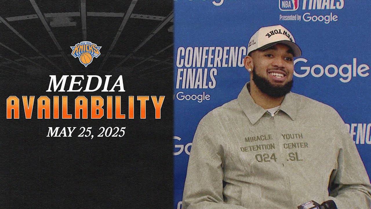 Jalen Brunson, Karl-Anthony Towns and Coach Tom Thibodeau post game media | May 25, 2025 background